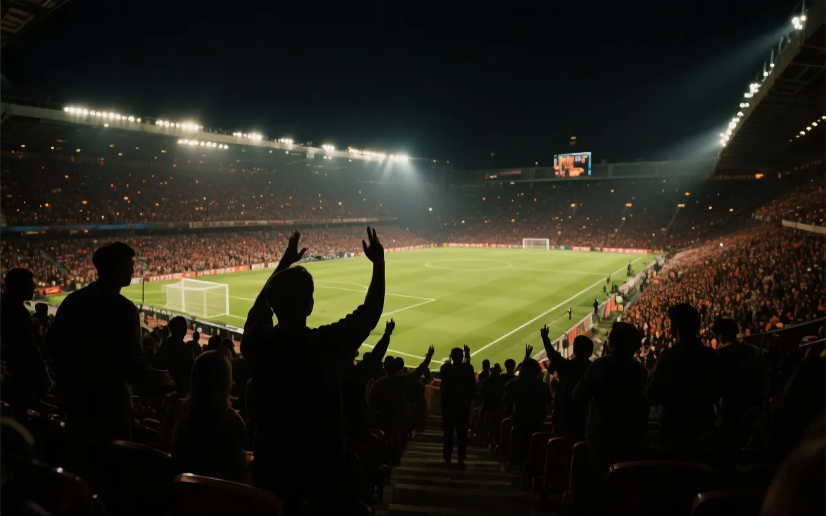 夜间球场看台上观众与灯光氛围，强调不同区域的观赛情绪与视野选择