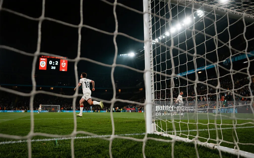 世界杯比赛进球后球员庆祝与比分牌特写，体现高比分对决的戏剧性