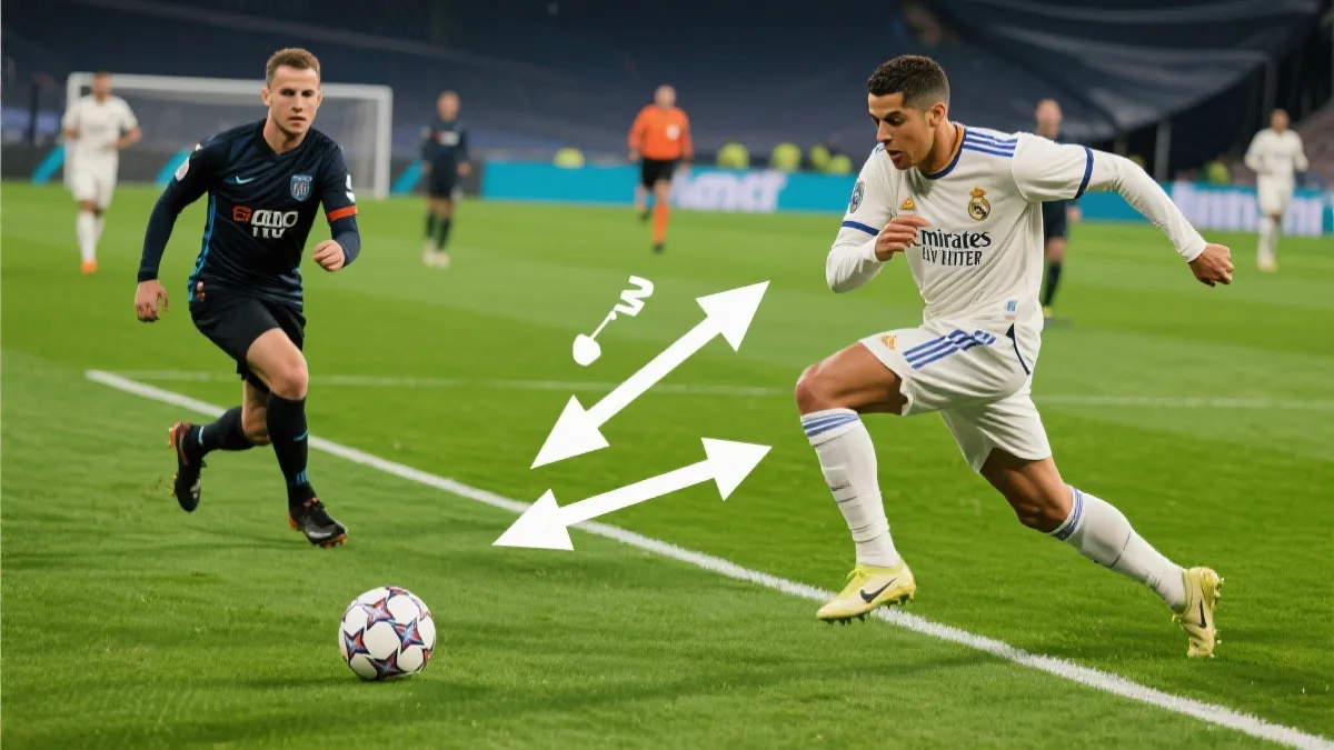 近景足球比赛瞬间：前锋跑位与中场传球形成通道，战术箭头叠加，强调半空间直塞与后插上