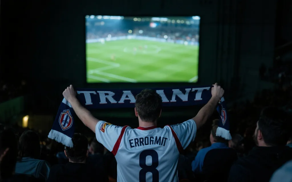 球迷手握球衣与围巾，注视大屏幕上的世界杯比赛瞬间