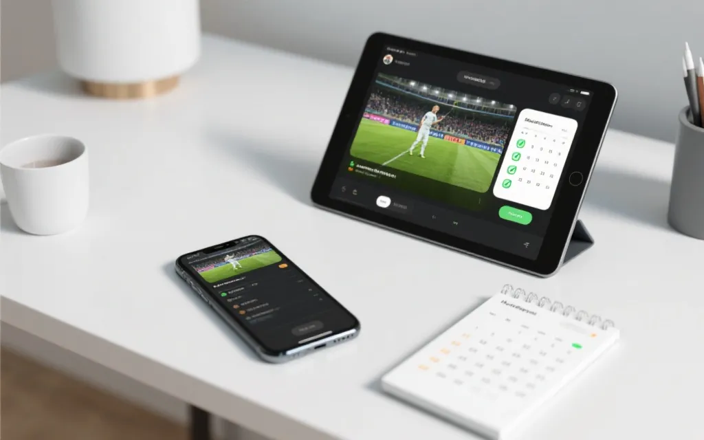 手机与平板正在播放足球直播界面，旁边有日历与待办清单，强调提前规划与提醒