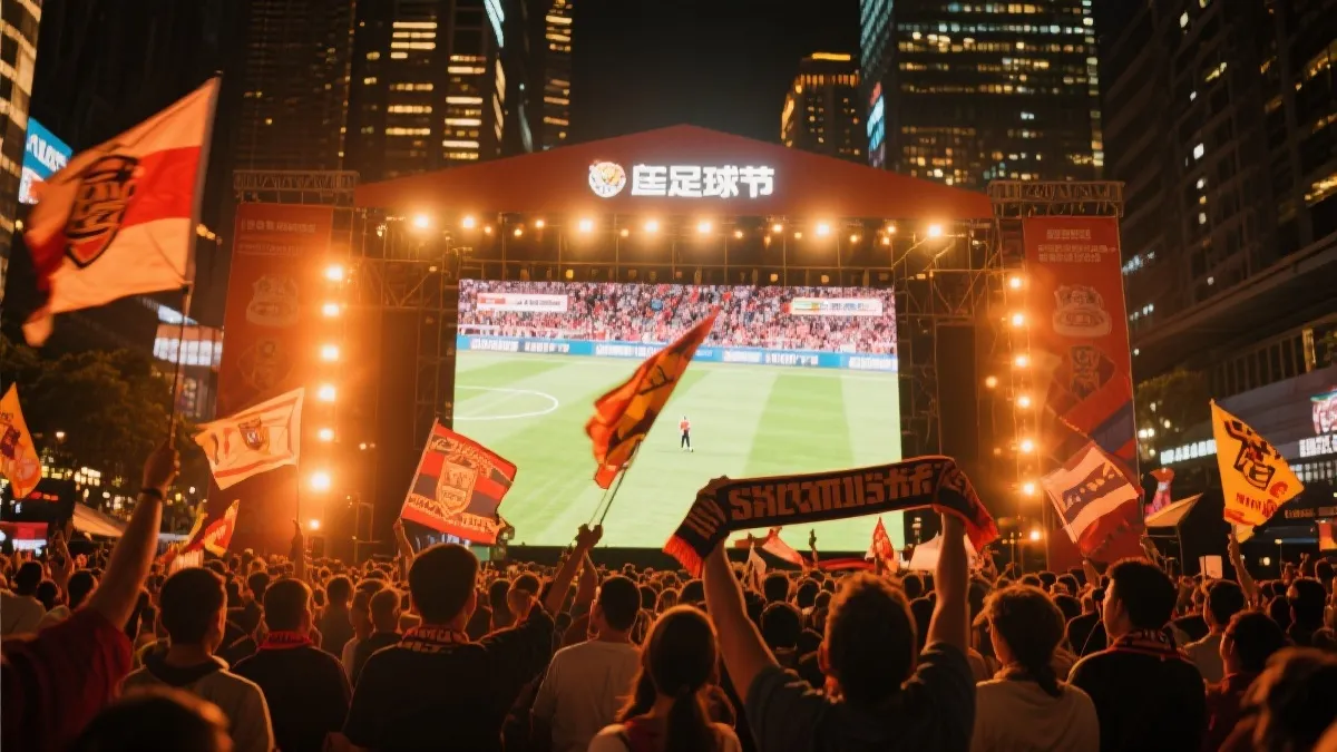决赛日前的球迷节与赞助活动场景，巨幅屏幕与人群在城市广场汇聚