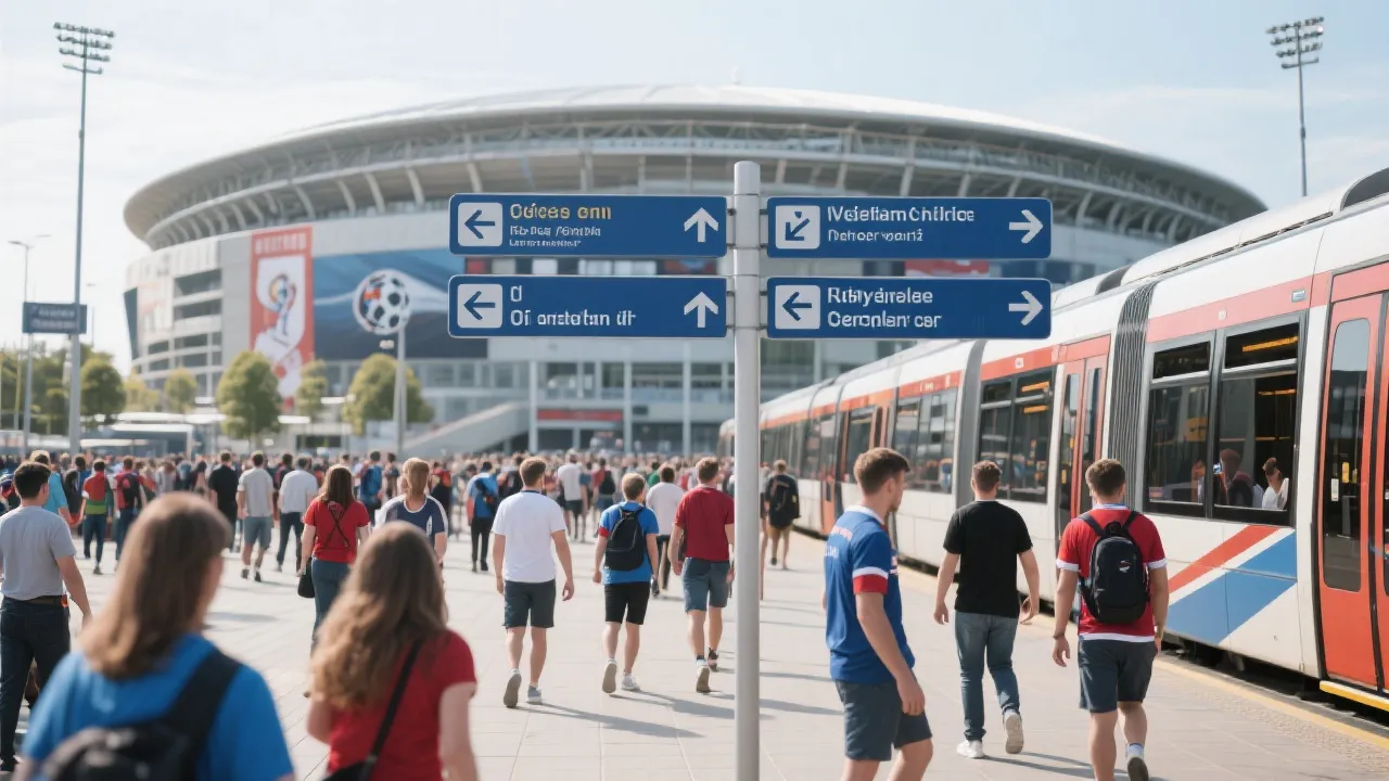 世界杯比赛日球迷进出场与公共交通换乘的体验示意图