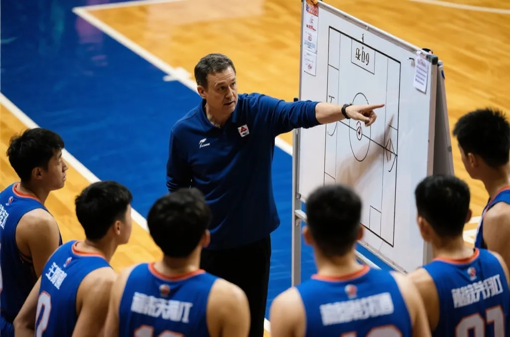 教练组在场边研究战术板与球员站位