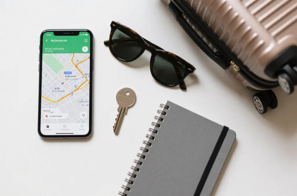 An organized flat lay of travel essentials, including a smartphone displaying a generic transit map, a notebook, and a suitcase key
