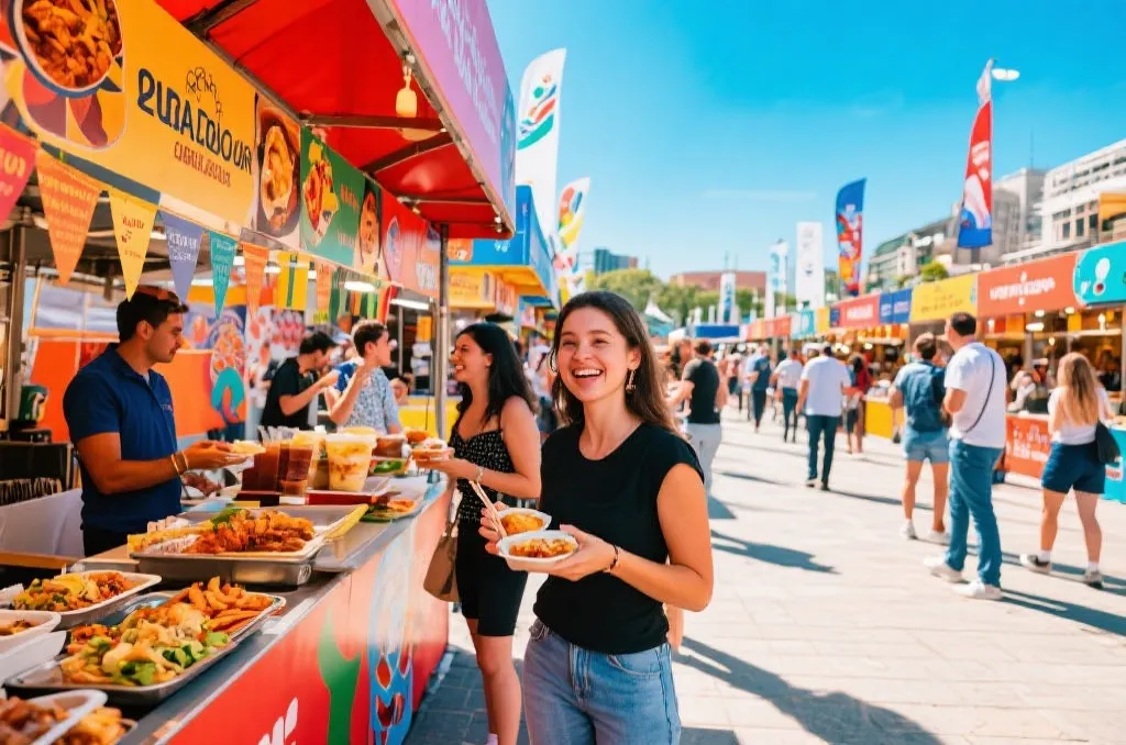 世界杯球迷广场内的多元文化美食街区，色彩鲜艳的摊位与正在享受街头美食的游客